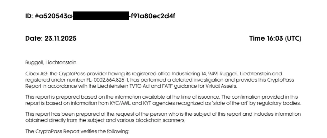 Excerpt of a real CryptoPass Report: report ID, issue date, and the verification statements issued by Cibex AG — personal data redacted