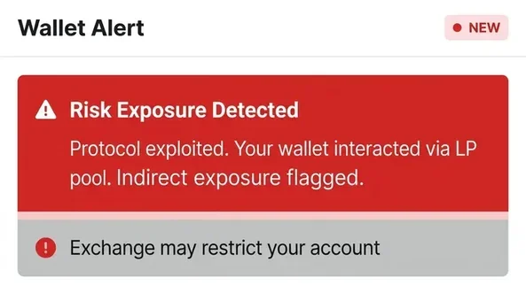 Wallet security alert showing risk exposure detected from DeFi protocol exploit via LP pool interaction