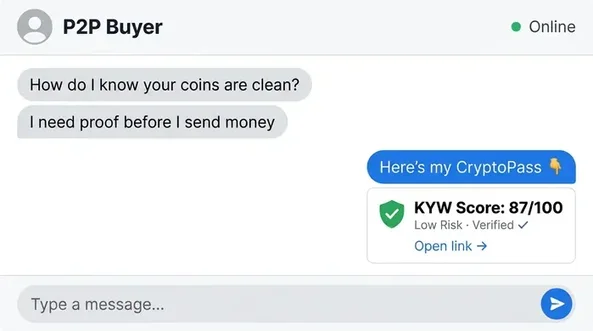 P2P crypto trading chat — buyer asking for proof of clean coins, seller sharing CryptoPass score 87