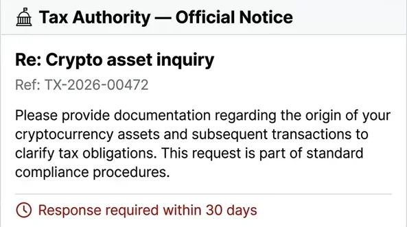 Tax authority official notice requesting documentation on crypto asset origins with 30-day deadline