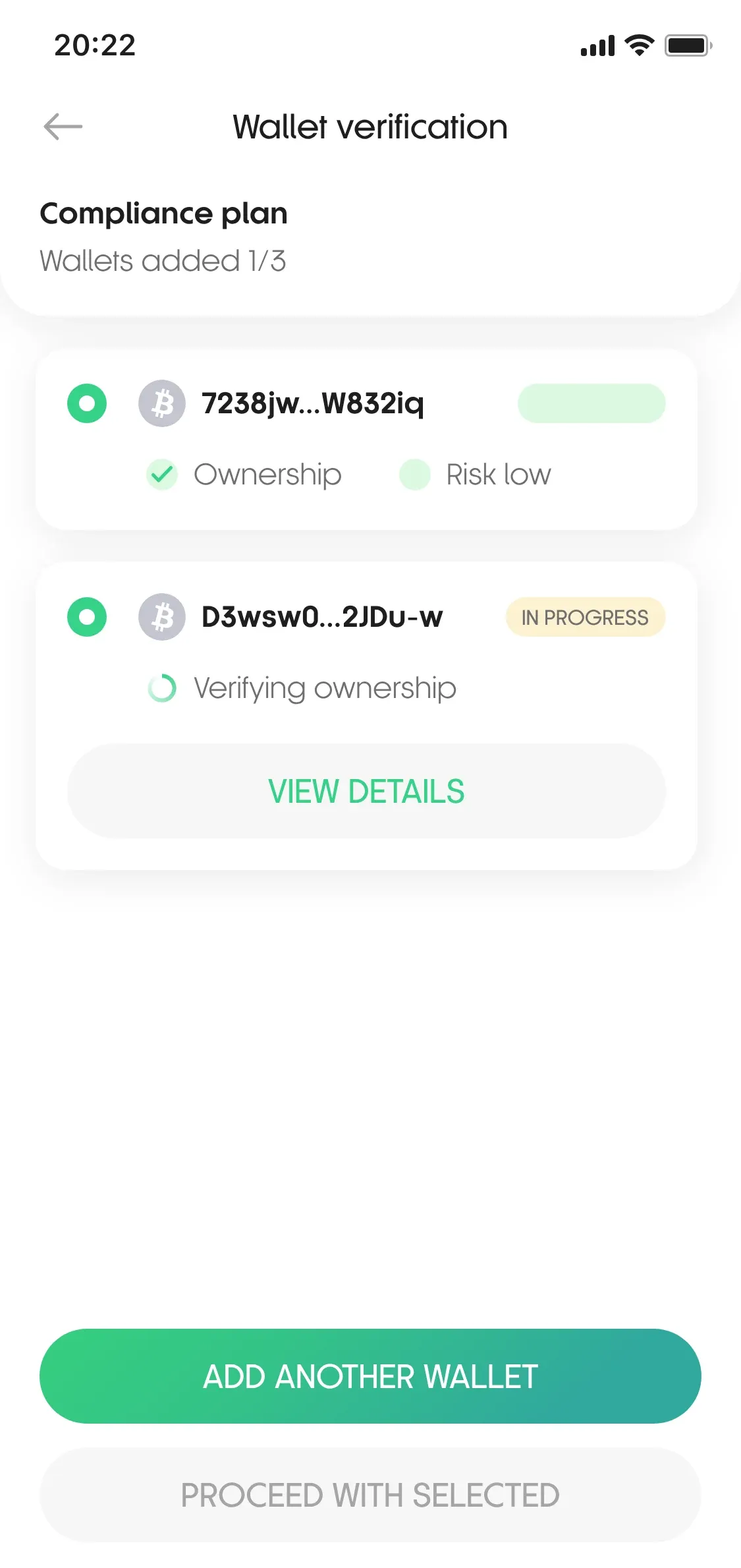 CryptoPass wallet verification screen with ownership and risk screening status for each wallet