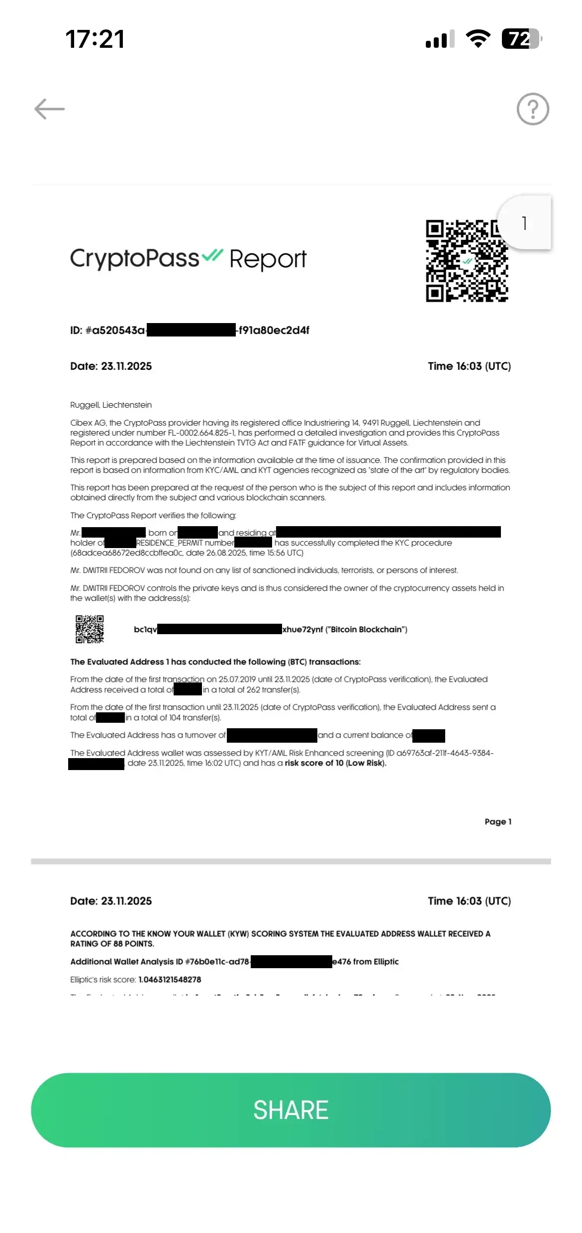CryptoPass Report document with QR code and share button; personal data redacted