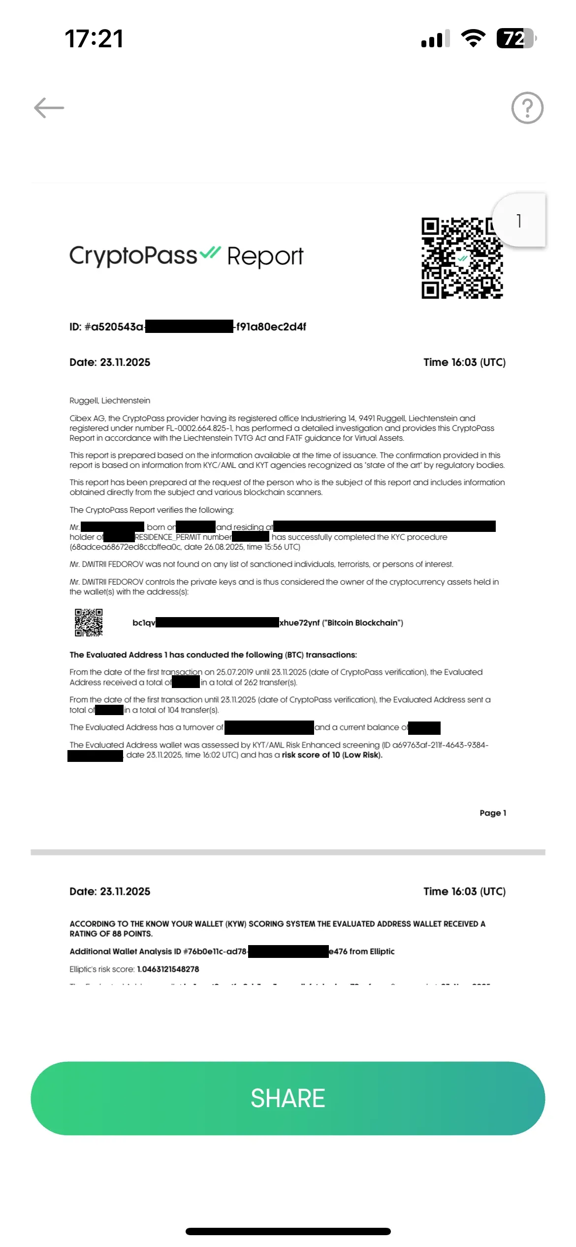 CryptoPass KYW certificate — formal report with QR code, blockchain-verified hash, and wallet analysis
